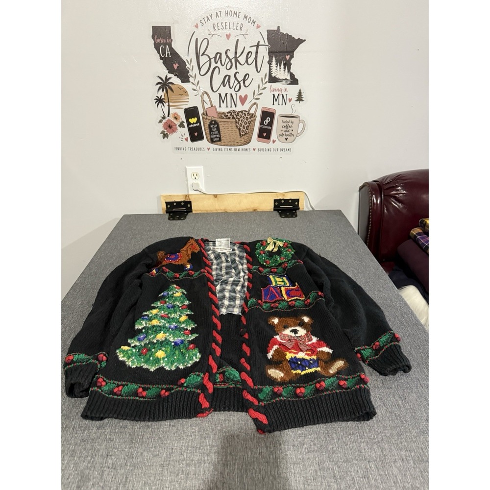 Marisa Christina Vintage Chunky Knit V-Neck Christmas Teddy Cardigan Sz M